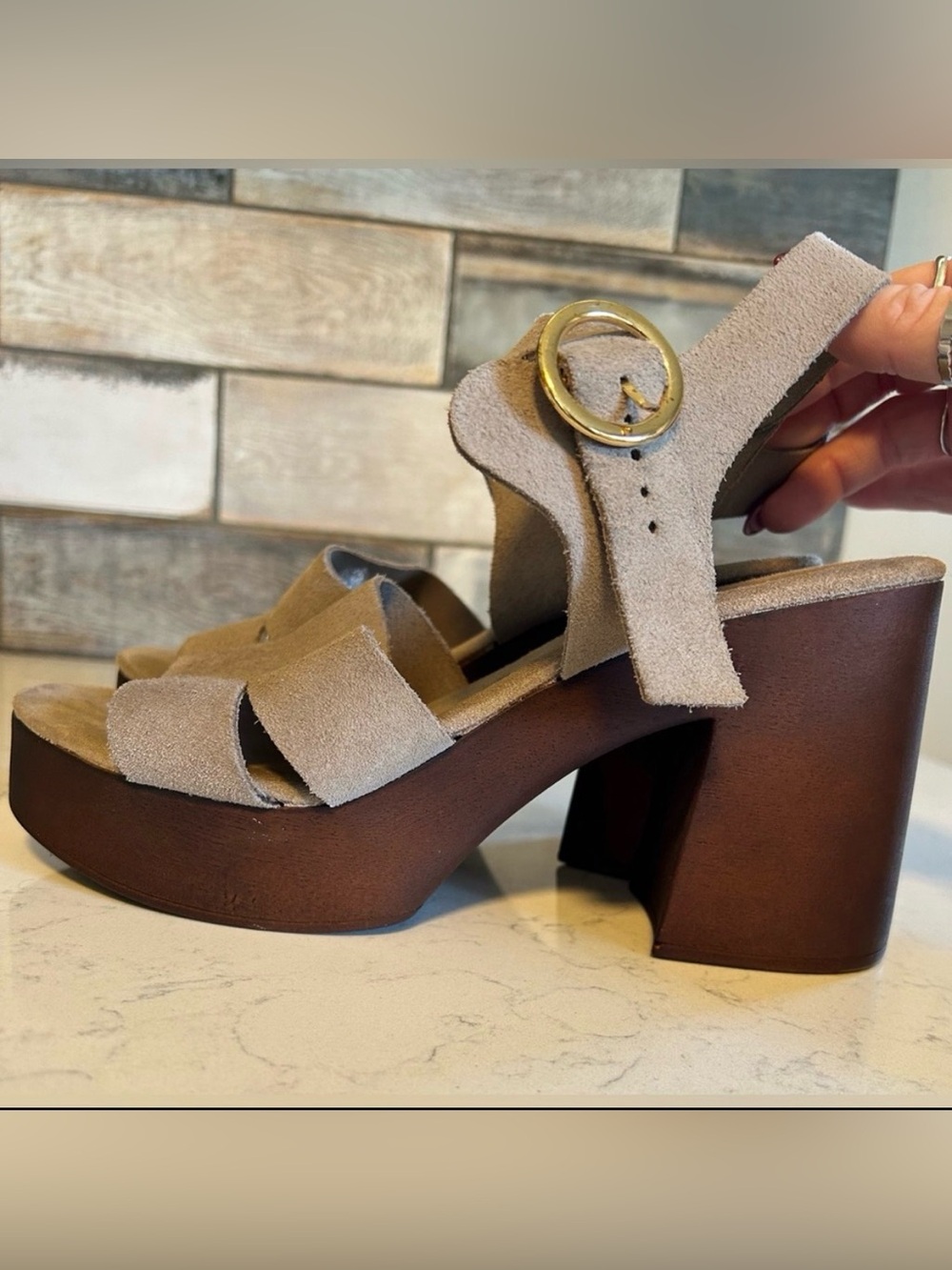 BioNatura Suede Leather Platform Heeled Sandals in Taupe Size 9/40